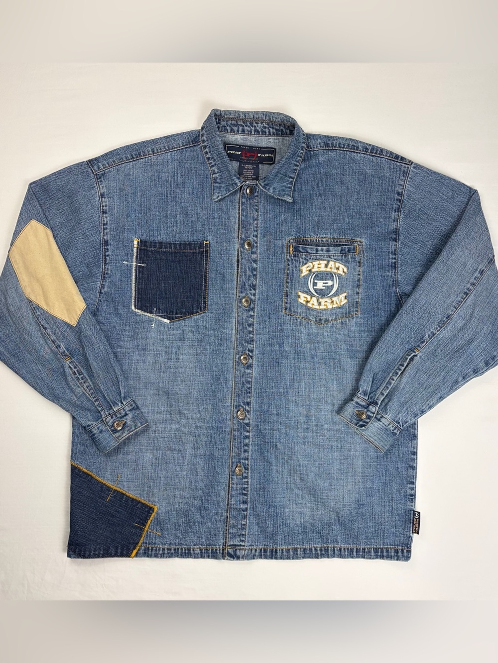 Vintage Phat Farm Denim Shirt Mens XL Y2K Hip Hop Patchwork Embroidered Logo